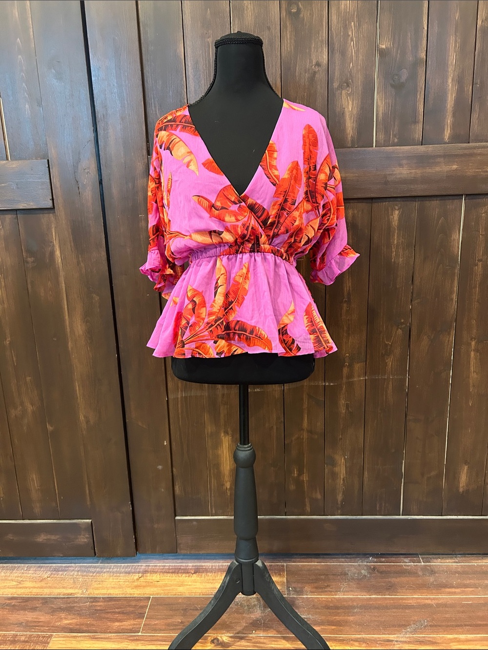sofia by sofia vergara Pink Tropical Wrap Peplum Blouse